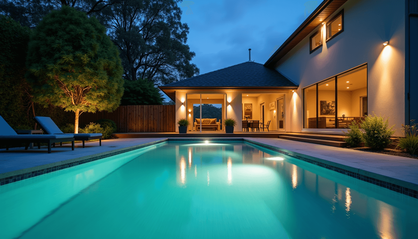 Custom backyard pool with lighting and decking