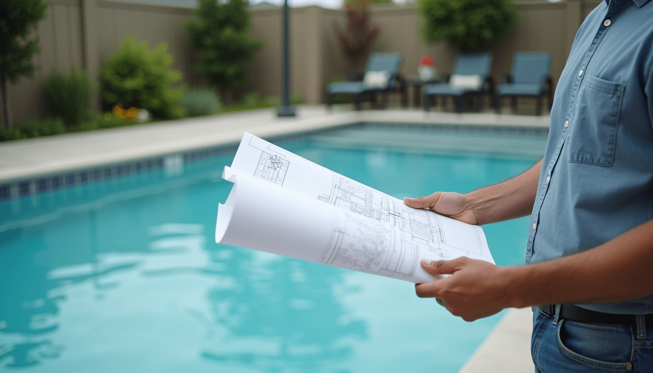 Pool designer reviewing blueprints with client