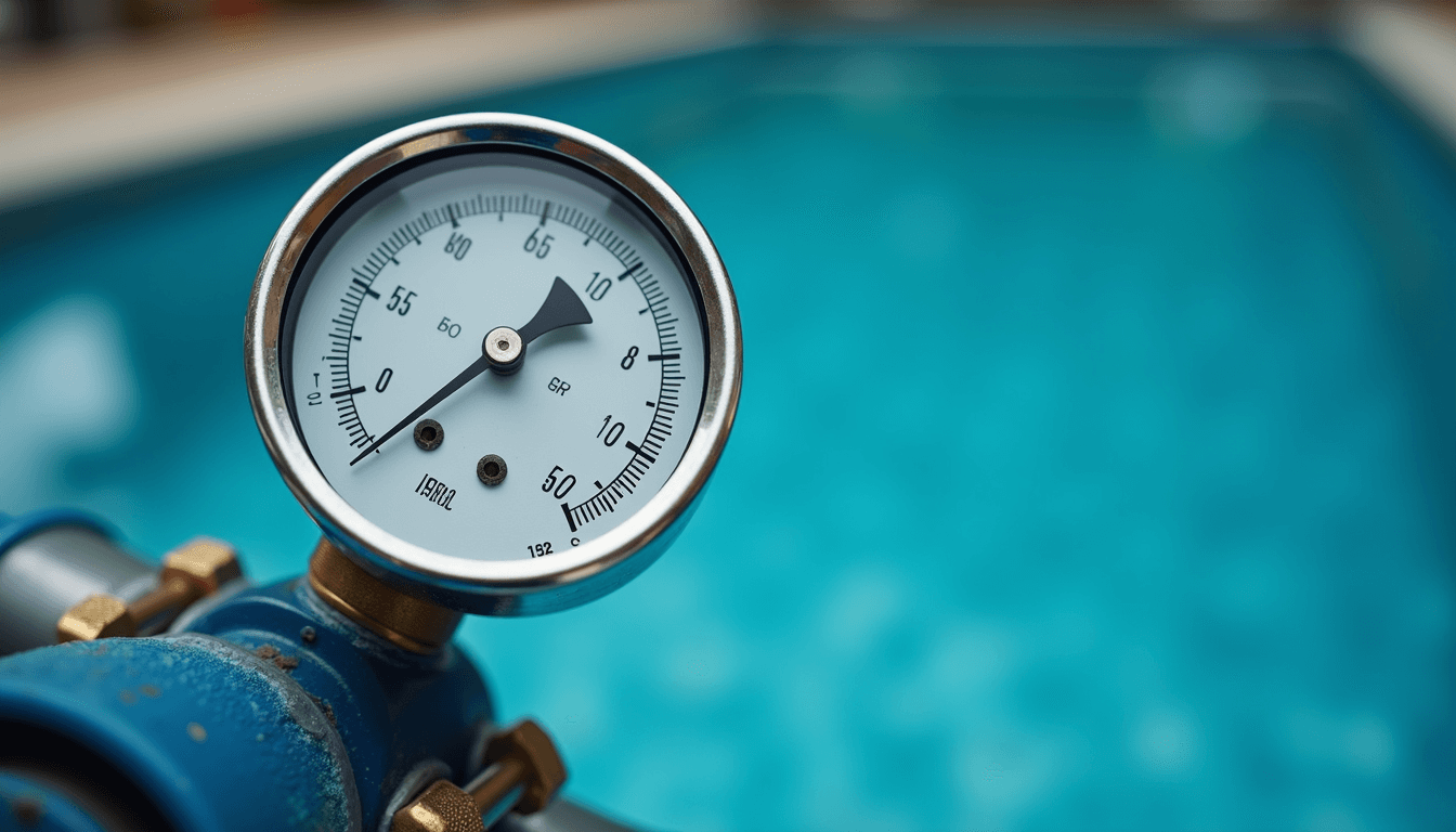 Pool filter pressure gauge indicating cleaning is needed
