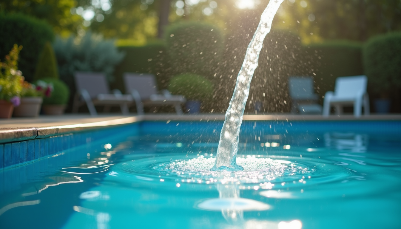 Rinsing pool filter cartridge with garden hose at eye level